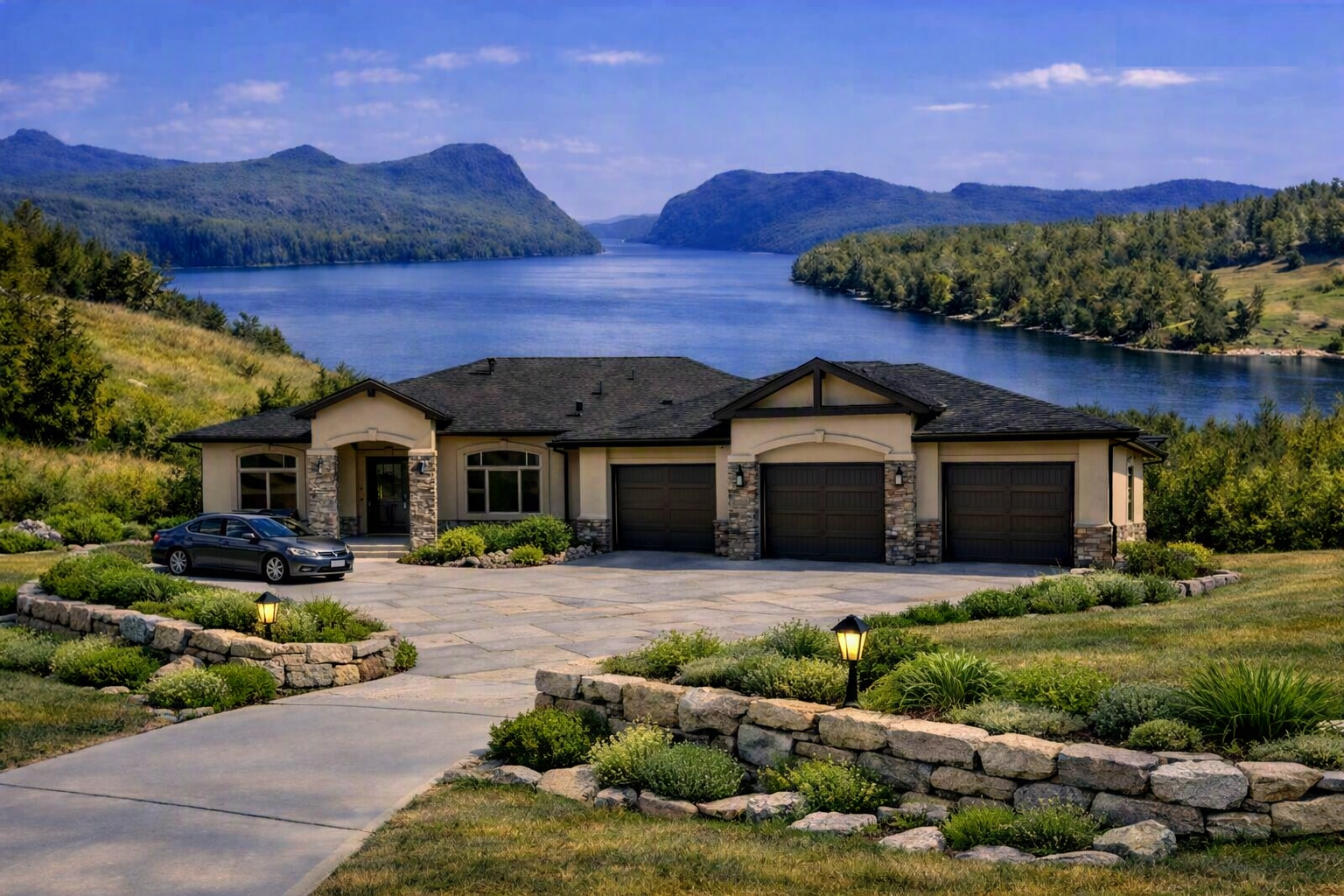 Telluride I ranch home concept overlooking a lake amid autumn trees and mountains