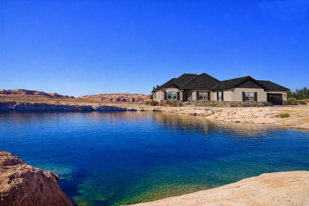 Addison ranch home concept beside a lake surrounded by red rock formations