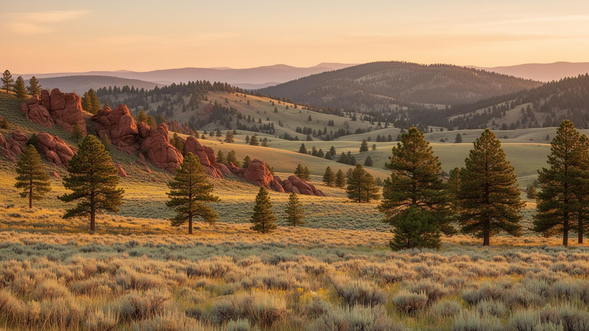 Golden hour over the Front Range foothills — ponderosa pines, sage meadows, and red sandstone outcrops